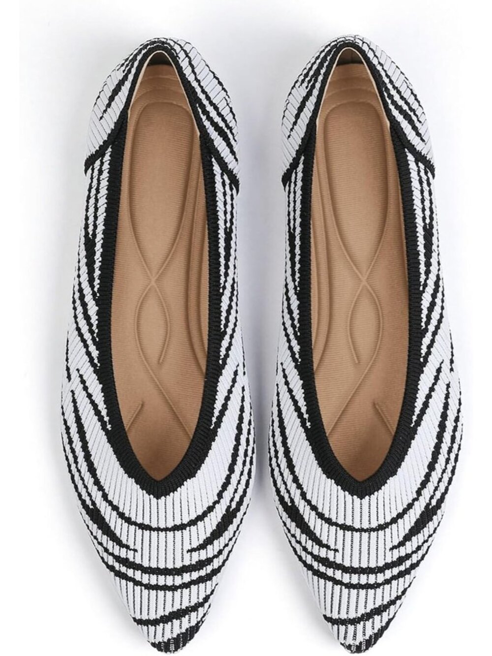 Women's Zebra White Pointed Toe Knit Flat Ballet Rubber Comfortable Slip On Shoe